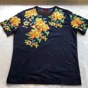 Robert Graham The Risbe Gold Floral Embroidered Navy Blue T-Shirt Men’s Size L